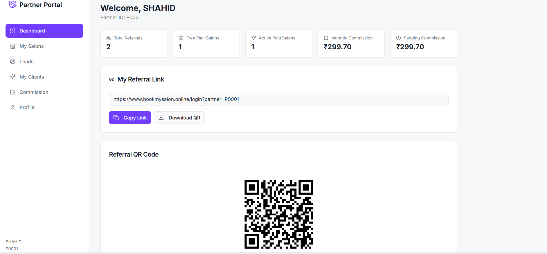 BookMySalon partner dashboard showing referral link, QR code, total referrals and monthly commission